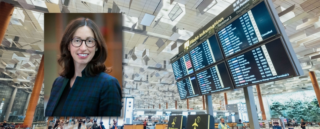 Catherine Worsnop headshot over airport departures/arrivals board