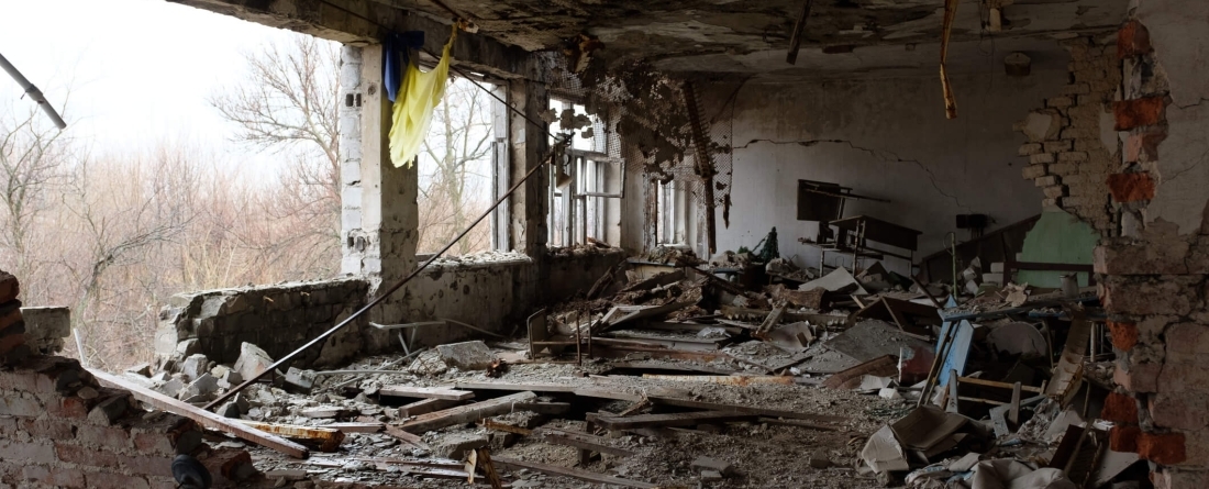 War in Eastern Ukraine, Donbas, frontline positions near the village Opytne in Donetsk region - bombed out school in Opytne - Photo Credit: Jakub Laichter
