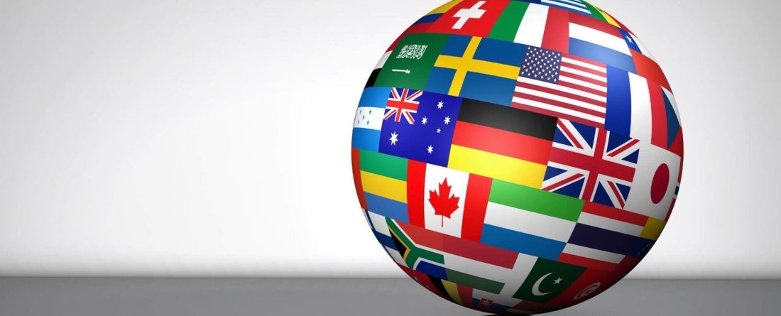 image of a globe covered in international flags